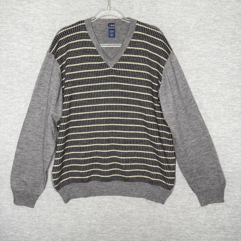 T Harris of London Sweater Mens Size XL Houndstooth Wool Blend‎ Gray Old Money
